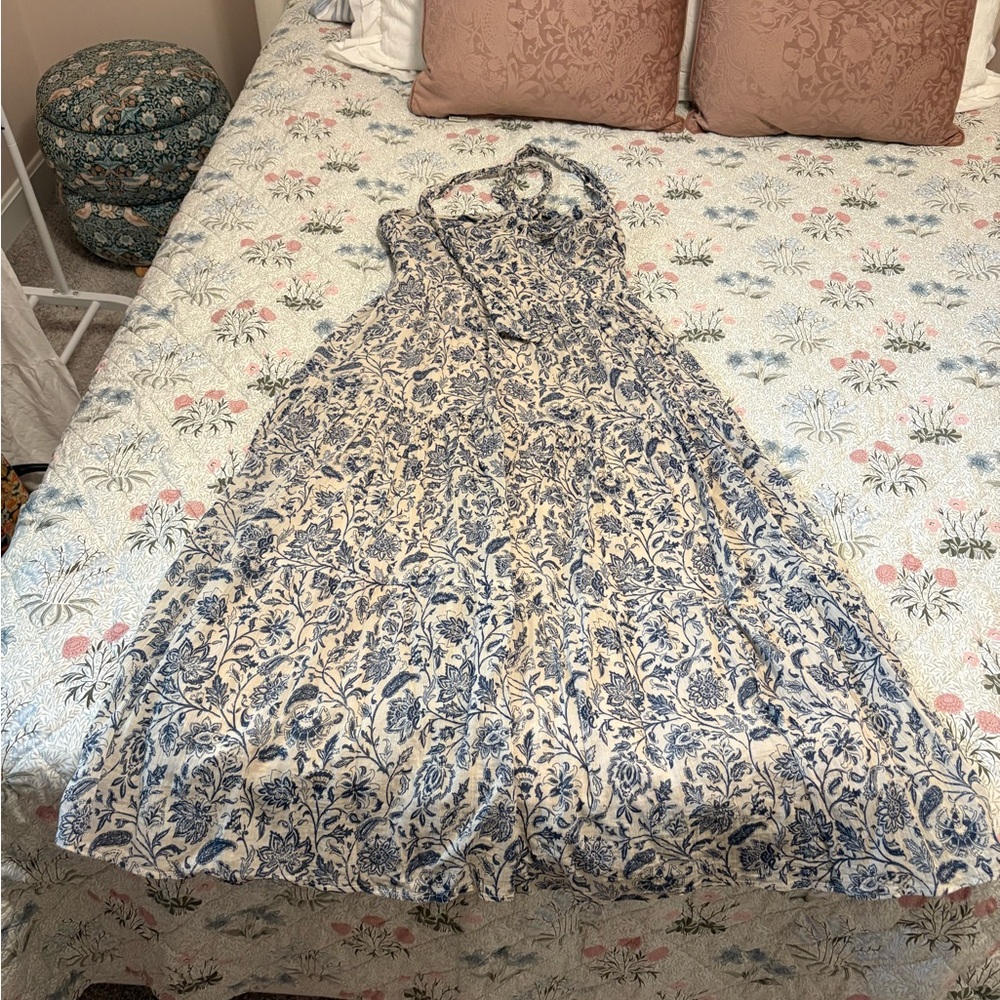Floral Blue and Cream Halter Maxi Dress
